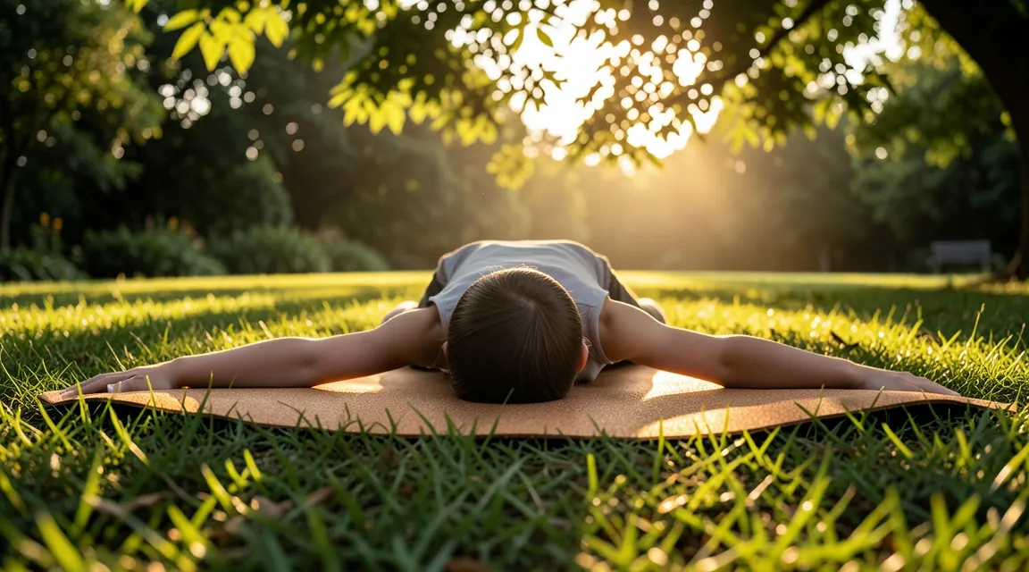 Morning restorative outdoor yoga practice to reduce stress cortisol and promote balanced thyroid hormone levels.