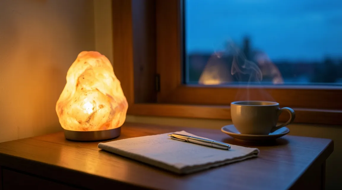 Evening relaxation routine with chamomile tea and warm amber lighting to support restorative sleep and metabolism.