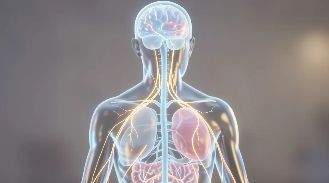 Abstract 3D visualization of the vagus nerve pathway connecting the brain, heart, and gut in soft pastel tones.