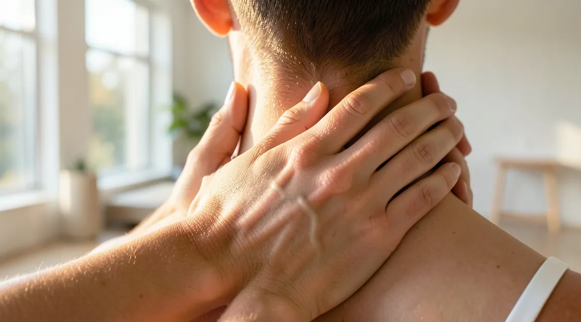 Close-up of hands gently touching the neck during a vagus nerve exercise in a bright wellness studio.