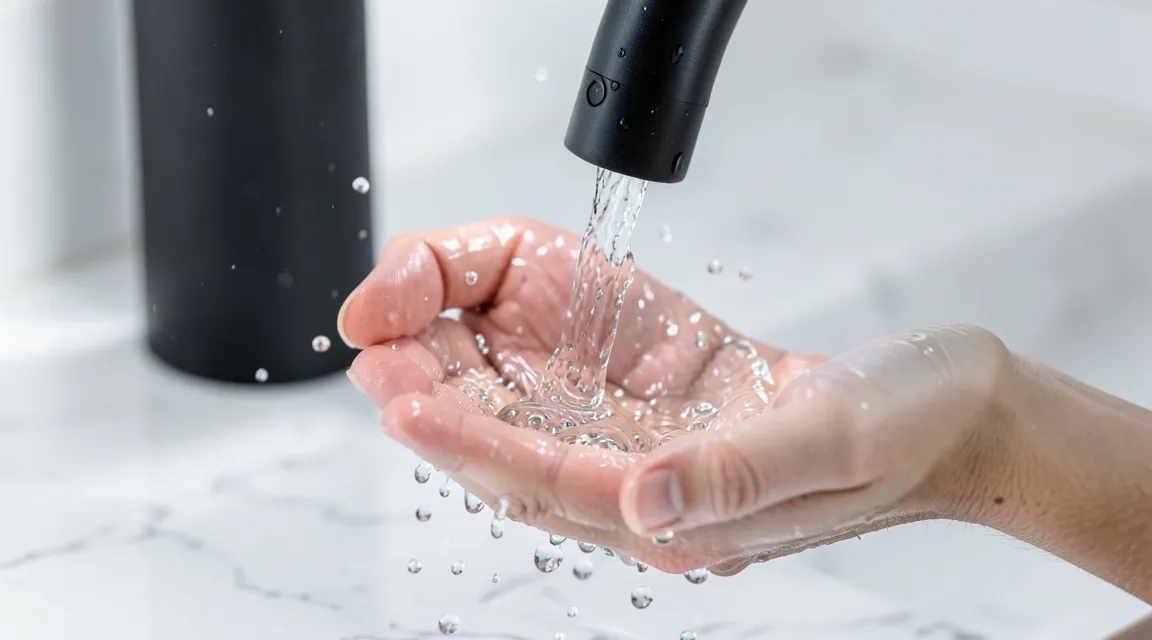 High-speed macro shot of cold water splashing into cupped hands in a modern bathroom for cold exposure.