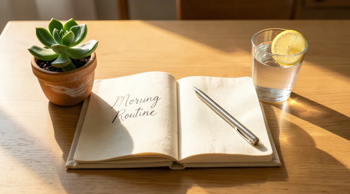 Aesthetic flatlay of a neurowellness morning routine with a journal, lemon water, and a small plant.