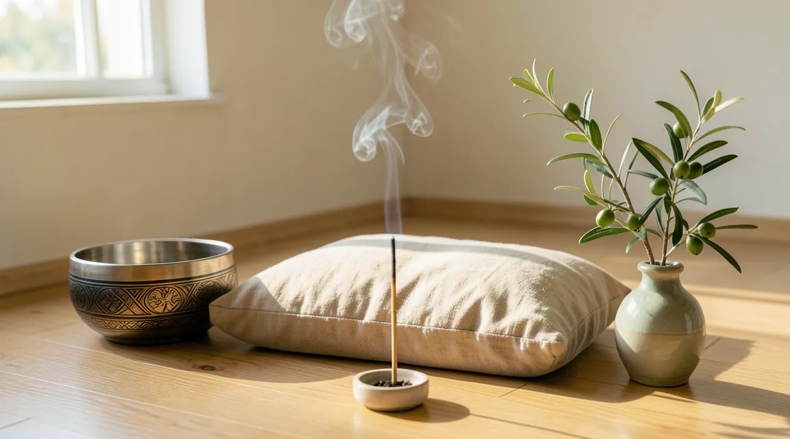 Peaceful mindfulness corner with a meditation cushion, singing bowl, and incense in a sunlit room.